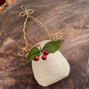 Macy’s Frosted Glass Candle Holder with Gold Wire Handle Festive Holiday beaded